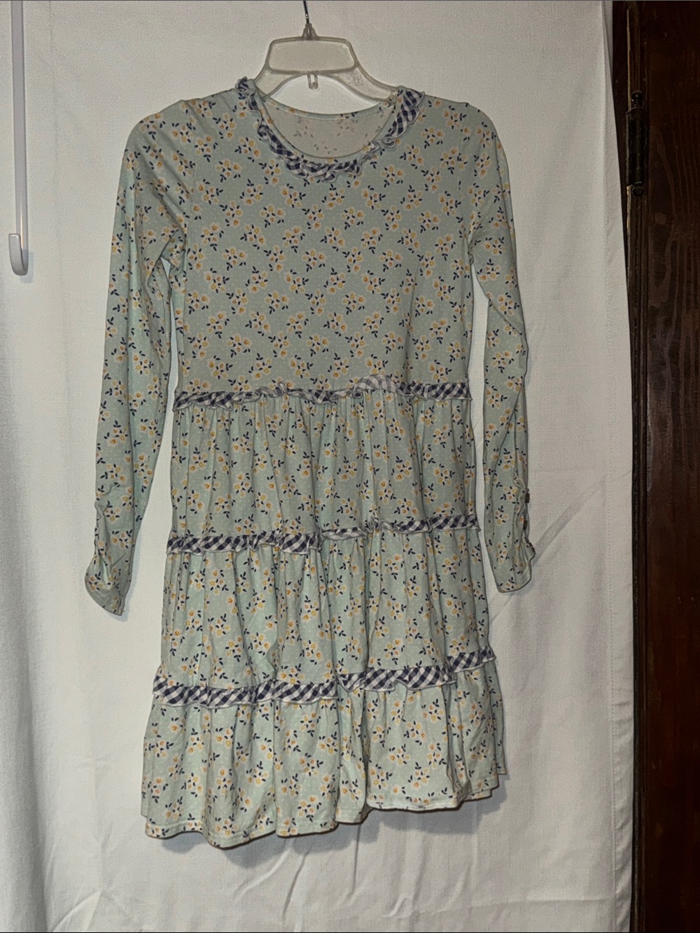 Girls' Light Blue Floral Tiered Long-Sleeve Dress with Gingham Trim